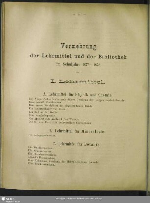 Vermehrung der Lehrmittel und der Bibliothek