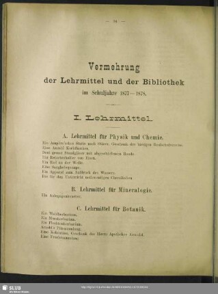 Vermehrung der Lehrmittel und der Bibliothek