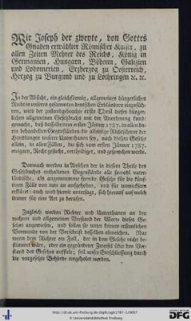 Wir Joseph der zweyte, von Gottes Gnaden erwählter Römischer Kaiser ...