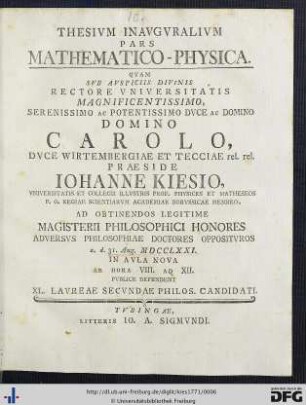 Thesium Inauguralium Pars Mathematico-Physica