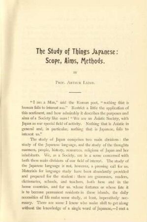 The study of Things Japanese: Scope, aims, methods. By Prof. Arthur Lloyd