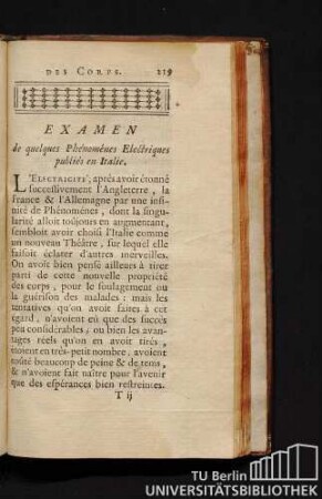Examen de quelques Phénoménes Eléctriques publiés en Italie.