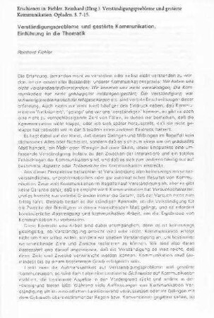 Verständigungsprobleme und gestörte Kommunikation : Einführung in die Thematik