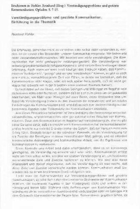 Verständigungsprobleme und gestörte Kommunikation : Einführung in die Thematik