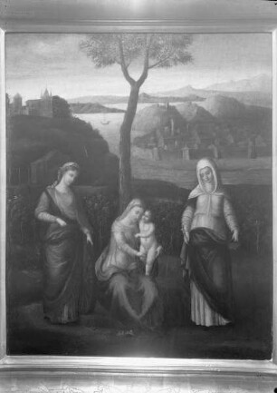 Die Madonna mit zwei weiblichen Heiligen in einer weiten Landschaft