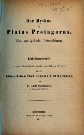 Der Mythus in Platos Protagoras : e. analyt. Betrachtung