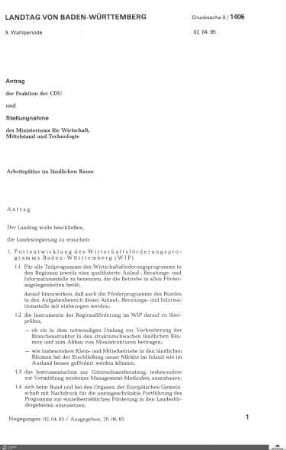Antrag der CDU: Arbeitsplätze im ländlichen Raum