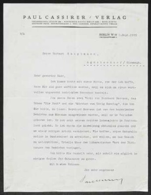 Brief von Paul Cassirer von Verlag Paul Cassirer  an Gerhart Hauptmann