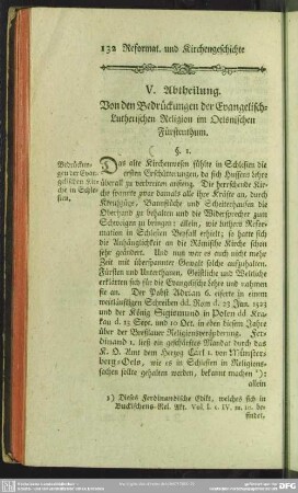 V. Abtheilung. Von den Bedrückungen der Evangelisch-Lutherischen Religion im Oelsnischen Fürstenthum