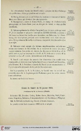 Séance du Comité du 15 janvier 1883