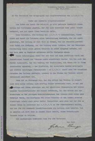 Rundschreiben von Helene Lange an die Vorsitzenden der Ortsgruppen und Mitgliedsvereine