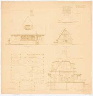 Einfamilien-Sommerhaus, Haffkrug: Lageplan 1:200; Grundriss: Erdgeschoss 1:50; Aufriss: Ostansicht 1:50; Aufriss Nordansicht 1:100; Querschntt 1:50
