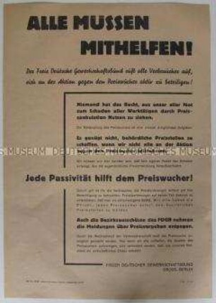 Maueranschlag mit einem Aufruf des FDGB Berlin zum Kampf gegen Preiswucher