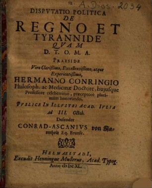 Dispvtatio Politica De Regno Et Tyranide