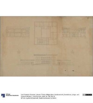 Litauen. Palais Wittgenstein. Vorderansicht, Grundrisse, Längs- und Querschnitt des 2. Geschosses