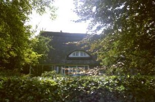 Drahtmühle 20: Kate mit Reetdach: traufständige Straßenfront mit Eingangstür: Fledermausgaube