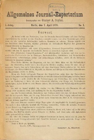 Allgemeines Journal-Repertorium. 1 = No. 1/6. 1878/79