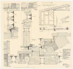 Arzthaus Prof. Bernhardt, Berlin-Charlottenburg: Glaswand: Grundriss, Ansicht 1:20, Vertikalschnitt, Horizontalschnitt 1:1