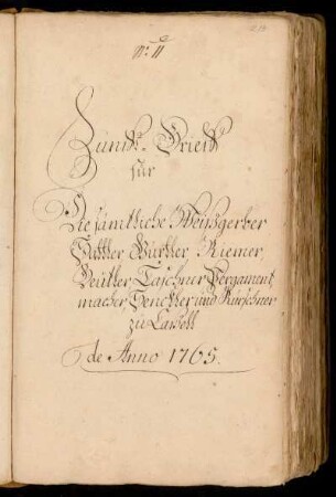 No. 11 Sämtliche Weißgerber, Sattler, Gürtler, Riemer, Beutler, Taschner, Pergamentmacher, Senckler und Kürschner zu Caßell de Anno 1765.