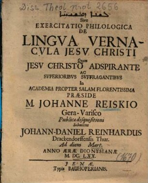 Lešānā de-mešiḥā Sive Exercitatio Philologica De Lingva Vernacvla Jesv Christi