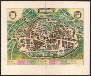 Stadtplan von Velleti, Italien, kolorierter Kupferstich, ca. 1730 : Velletri : Située dans la Campagne de Rome ; Avec Privilege / Par Pierre Mortier. - Amsterdam : Pierre Mortier, s.a. [ca. 1730]. - 1 Plan : Kupferstich ; 40 x 54 cm. - Titelkartusche oben Mitte. - Mit Gebäudekennzeichn.