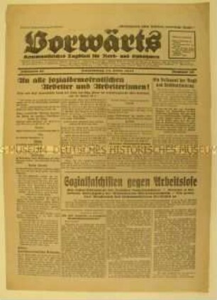 Zentralorgan der SPD "Vorwärts" zur Einberufung eines Außerordentlichen Kongresses des Allgemeinen Deutschen Gewerkschaftsbundes