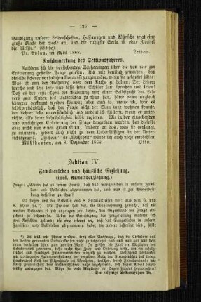 Sektion IV. Familienleben und häusliche Erziehung : (incl. Anstaltserziehung)