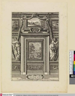 [Mit zwei Landschaftsgemälden verzierte Paneele; Lambris orné de deux tableaux de paysages]