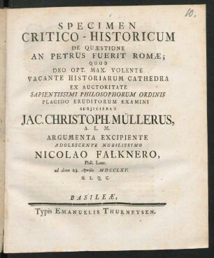 Specimen Critico-Historicum De Quæstione An Petrus Fuerit Romæ