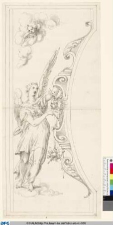 Segment-Dekoration mit Engel, Kopie der Vorzeichnung zu den Glasschnitten eines Heiltumsschreins nach Entw. von F. Sustris
