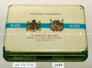 Blechdose für 50 Stück Zigaretten "FÜRSTEN-CIGARETTE KIOS E.ROBERT BÖHME, DRESDEN" (Abbildung zweier gekrönter Wappen)