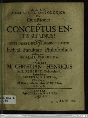 Dissertatio ontologica de quaestione an conceptus entis sit unus