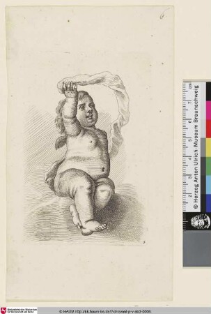 [Sitzender Putto, mit der rechten Hand ein Band schwingend]