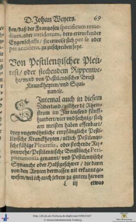 Von Pestilentzischer Pleuresi oder stechendem Rippenwehe unnd von Pestilentzischer Brust Kranckheyten und Squinancie