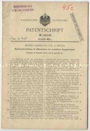 Patentschrift einer Rechenregelvorrichtung für Mähmaschinen mit verstellbarer Knaggentrommel, Pat4ent-Nr. 146143