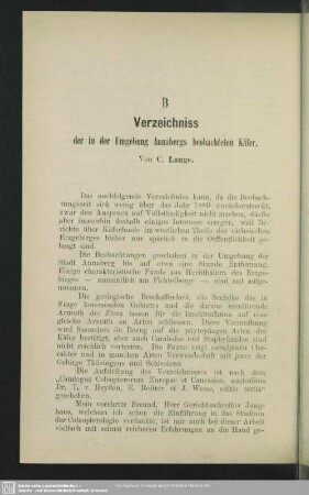 B Verzeichniss der in der Umgebung Annabergs beobachteten Käfer