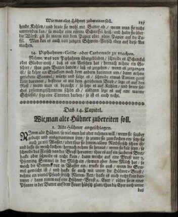 Das 14. Capitel. Wie man alte Hühner zubereiten soll.