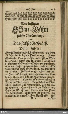 Der lustigen Schau-Bühn sechste Versamlung, oder Das sechste Gespräch
