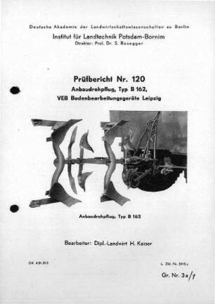 Anbaudrehpfug, Typ B 162