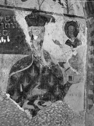 Stifterbild. Der Stifter bringt dem Heiligen Nikolaus das Kirchenmodell dar