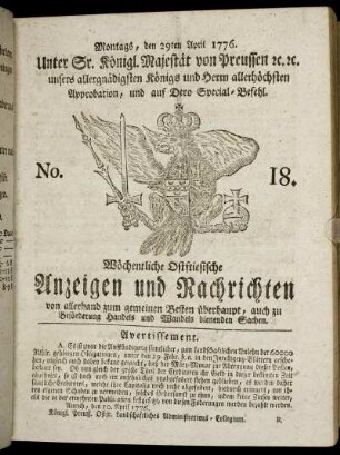 No. 18. Montags, den 29ten April 1776.