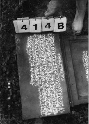 Grabstein 414 (Index: 100095384) Maße HxBxT: 213x50x17 cm Symbolik: Blumenkranz Besonderheit: kulturhistorisch wertvoll / hist.-wiss. Gründe (Gemeindestellung): Grabstein 414B