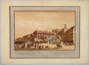 Dresden, die Treppe zur Brühlschen Terrasse vom Schlossplatz nach Osten, rechts das Fürstenbergische Haus (Finanzhaus) und das Palais Brühl (um 1900 für Ständehaus abgerissen)