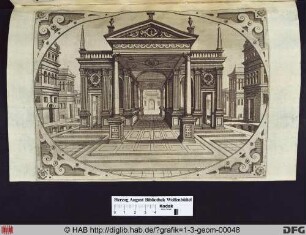 Portal mit Portikus, Säulen der Kompositen Ordnung, Dreiecksgiebel, auf beiden Seiten Kanäle, dahinter Gebäude, in den Ecken Beschlagwerk.