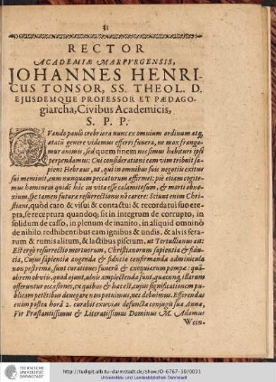 RECTOR ACADEMIAE MARPVRGENSIS, JOHANNES HENRICUS TONSOR, ...