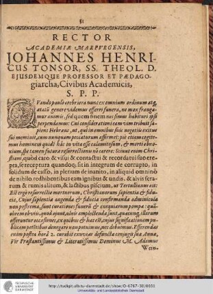 RECTOR ACADEMIAE MARPVRGENSIS, JOHANNES HENRICUS TONSOR, ...