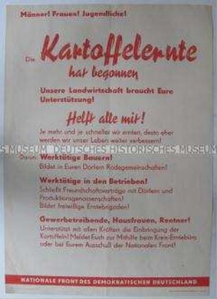 Maueranschlag mit einem Aufruf zum Ernteeinsatz