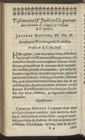 Testimonia & Judicia Cll. quorundam Virorum de Linguâ & Versione N.T. Syriacâ.