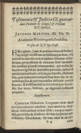 Testimonia & Judicia Cll. quorundam Virorum de Linguâ & Versione N.T. Syriacâ.