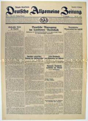 Tageszeitung "Deutsche Allgemeine Zeitung" u.a. zur "Nichteinmischung" der Großmächte in den Spanischen Bürgerkrieg